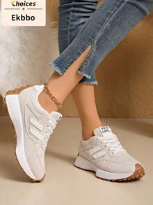 Women's Comfortable Lace-Up Athletic Sneakers - Lightweight Multipurpose Casual Shoes With Non-Slip Rubber Soles, Suitable For All Seasons - Beige - View 5