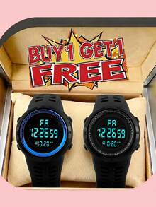 2pcs/Set Boys' LED Digital Watch, With Stopwatch, Alarm, Day, Date And LED Display Functions. Multifunctional Design Suitable For Military, Outdoor And Other Activities - Multicolor - View 2
