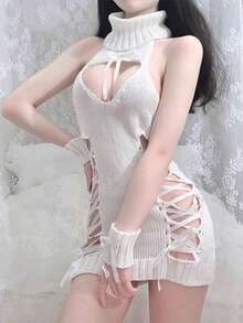 BeLoved's Third Generation Virgin Killer Sweater: A Value 3-Piece Set (One-Piece Dress, Two Bracelets) - One Size Fits Most (Gray). This Babydoll Sweater Features A Backless Design, High Neck, Back Ribbon, And Turtleneck. This Sleeveless, High-Necked, Sleeveless Babydoll Lingerie Makes A Cute Gift For Women, Perfect For Cosplay Or Halloween. A Popular Costume For Crossdressing, Perfect For Halloween Or Christmas. - White - View 7