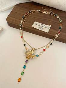 2件套金色花朵吊坠项链，彩色宝石链，复古波西米亚风格 - 彩色 - 查看 2