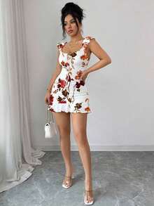 Vestido camisero con volantes en el bajo y hombros descubiertos, estilo vintage con estampado - Vestido entallado de línea A - Blanco y Negro 4 - Ver 8