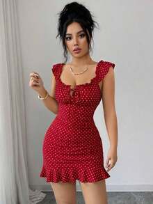 Vestido camisero con volantes en el bajo y hombros descubiertos, estilo vintage con estampado - Vestido entallado de línea A - Rojo - Ver 7