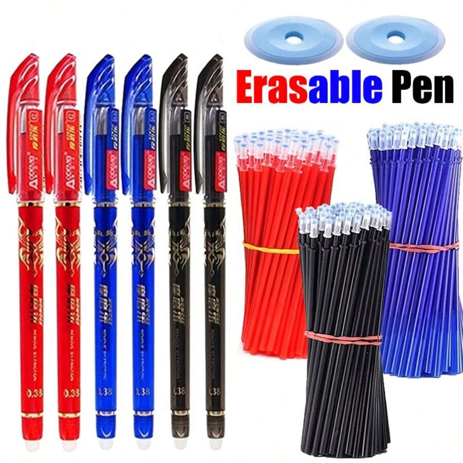 可擦中性笔 0.5mm 蓝/黑/红墨水笔芯 笔杆可水洗 笔杆 书写办公文具 中性笔 带橡皮擦 圆形中性笔 精细书写工具