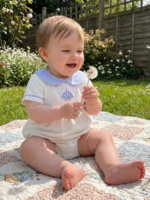 Baby Short Sleeve Romper Embroidered Plaid Doll Collar Summer Bubble Bodysuit For Girls Boys - 藍色 - 查看 5