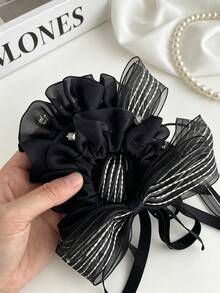 1pc Fashionable Elegant Black Bow Long Ribbon Hair Scrunchie With Rhinestone Decor Ponytail Hair Ties Elastics Rubber Bands - Multicolor - View 3
