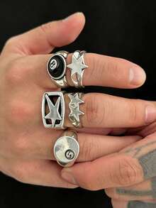 Set de 5 anillos con diseño de pentagrama de estilo punk, para uso casual diario para hombres - Plata antigua - Ver 3