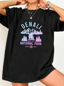 Plus Size de las mujeres Alaska Grand Canyon Parque Nacional patrón camiseta - negro púrpura de la montaña oso patrón - elástico cuello tripulación viaje casual top - ligero verano tema ropa - Negro - Ver 2