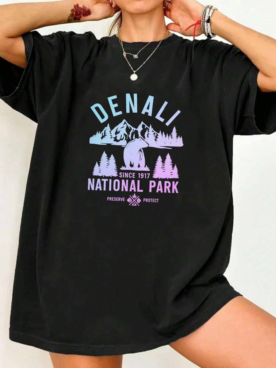 Plus Size de las mujeres Alaska Grand Canyon Parque Nacional patrón camiseta - negro púrpura de la montaña oso patrón - elástico cuello tripulación viaje casual top - ligero verano tema ropa