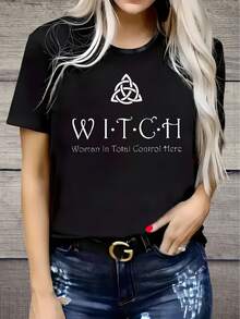 Women's Plus Size Witch Theme T-Shirt - Bold 'Witch' Print Short Sleeve Crew Neck Blouse Top | Machine Washable Loose Fit Casual T-Shirt Suitable For Halloween, Christmas Gifts, Casual Wear And Themed Costumes - 黑色 - 查看 1