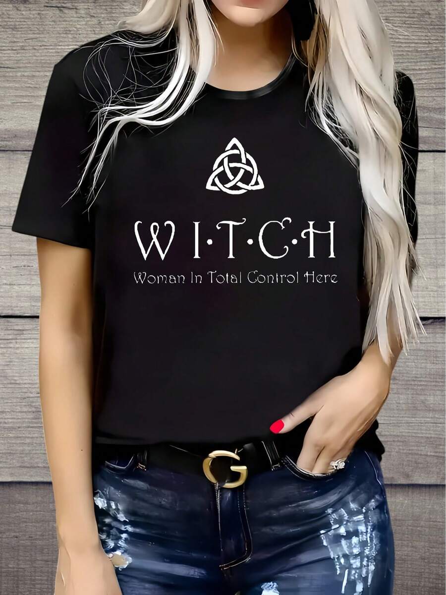 Women's Plus Size Witch Theme T-Shirt - Bold 'Witch' Print Short Sleeve Crew Neck Blouse Top | Machine Washable Loose Fit Casual T-Shirt Suitable For Halloween, Christmas Gifts, Casual Wear And Themed Costumes - 黑色 - 查看 1