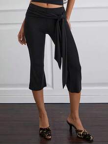 Women Y2k Polka Dot Printed Capris Cute Low Rise Stretchy Cropped Pants Side Bow Tie Skinny Capri Leggings Going Out - 黑色 - 查看 3