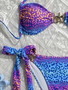 Bộ bikini hai màu thời trang, gợi cảm, họa tiết da báo và sao biển, kiểu buộc dây bên hông, cổ yếm, thích hợp cho nữ, đi biển, tiệc bể bơi và kỳ nghỉ. - Màu xanh lam - Xem 8