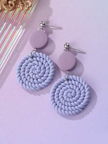 1 Pair Taro Purple Woven Texture Soft Clay Earrings, Double-Layer Circular Disc Elegant Earrings, Niche Design, French Gentle Style, Versatile For Daily Commute, Workplace, Spring Outing, Gathering With Friends, Date Night, Minimalist Chic Style, Student Campus Daily Outfit - Lilac Purple - View 5