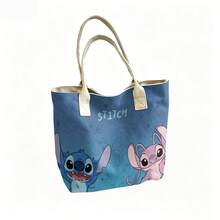 Miniso Disney Stitch & Angel Canvas Tote Bag, Blue Sketch Background Shoulder Bag For Daily Use - Pink - View 4