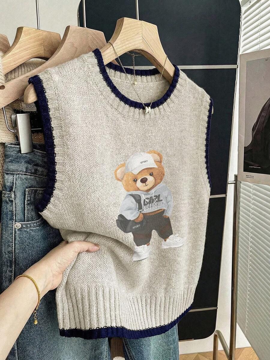 Chaleco deportivo de punto con gráfico de oso de peluche lindo, cuello redondo con ribete de contraste, sin mangas, suéter casual de verano - Caqui - Ver 1