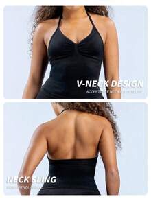 Yefecy 女款無縫瑜伽運動內衣背心上衣，無袖彈性透氣健身訓練上衣，時尚修身健身房休閒街頭風 - 黑色 - 查看 5