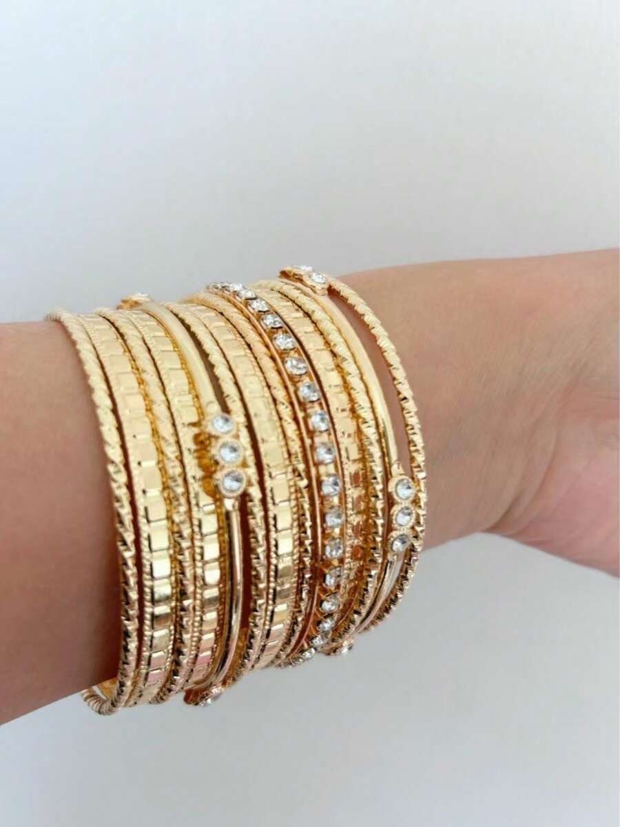 Bộ 13 vòng tay vàng có thể xếp chồng lên nhau, vòng tay hở có họa tiết đính đá, trang sức thời trang đeo hàng ngày, món quà hoàn hảo cho sinh nhật và kỷ niệm. - Vàng - Xem 1