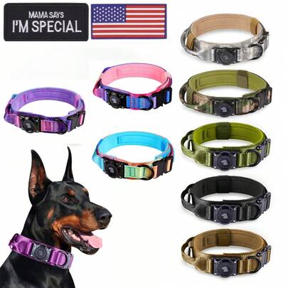 Collar para perro impermeable con soporte para AirTag, collar táctico ajustable para mascotas con asa cómoda y hebilla de metal, adecuado para perros medianos y grandes
