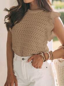 Women's Crochet Striped Knit Sleeveless Top, Lightweight Round Neck Ruffle Hem Short Sleeve Blouse Summer - Khaki - View 2