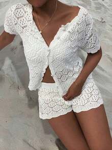 Women's Summer Vacation Set, Crochet Mesh Hollow Out Beach Short Sleeve Knit Cover Up + Shorts 2 Piece Set - Women's Vacation 2 Piece Set, Crochet Cover Up Nightclub Outfit, Women's Fitted Style White - trắng - Xem 6