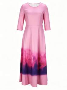 Elegantes Damen Kleid mit Farbverlauf Blume Muster, rundem Ausschnitt, Langarm, leicht dehnbarem Stoff, Urlaubsrosa, Knielang - Pink - Übersicht 4