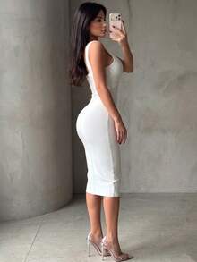 夏季时尚性感优雅V领修身吊带裙，罗纹及膝绷带连衣裙，白色，适合夜间外出、正式晚宴、鸡尾酒会、女士春季婚纱礼服 - 白色 - 查看 11