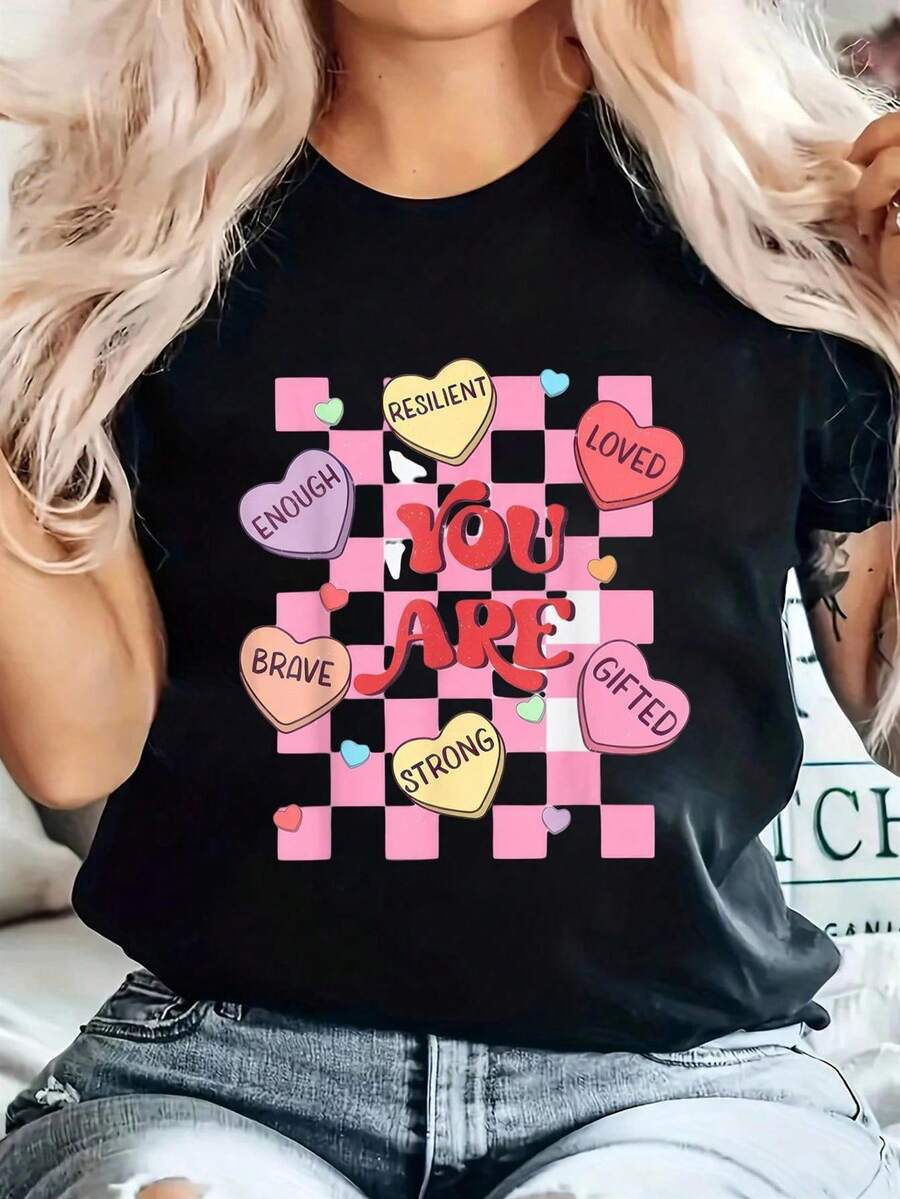 Camiseta de fibra de cuello redondo casual con tema para el día de San Valentín, modelo A50419