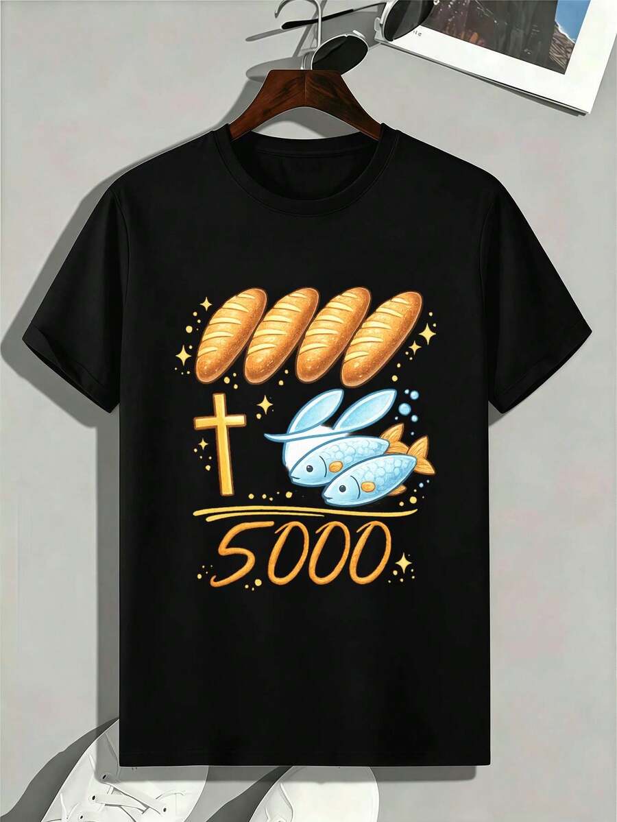 Camiseta de hombre con estampado gráfico: pan, pez y cruz. Algodón suave, cuello redondo, corte cómodo, estampado llamativo. - Negro - Ver 1