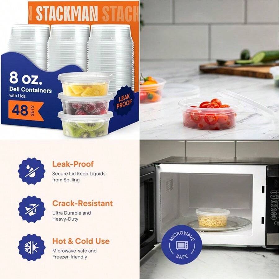 Stack Man [48 juegos - 8 onzas] Contenedores desechables de plástico para almacenamiento de alimentos con tapas herméticas - Contenedores de limo con tapas - Ver 1