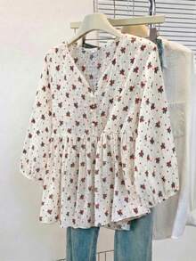 Women's Romantic Floral Chiffon V-Neck Lantern Sleeve Blouse, Loose Fit Flattering Silhouette, Suitable For Casual, Street, Office Wear In Summer Vacation Spring - Red - View 3