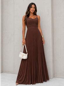 Women's Long Pleated Dress With Crossover Detail At The Bust – Ideal For Special Events Such As Weddings And Graduations - 鏽棕色 - 查看 1