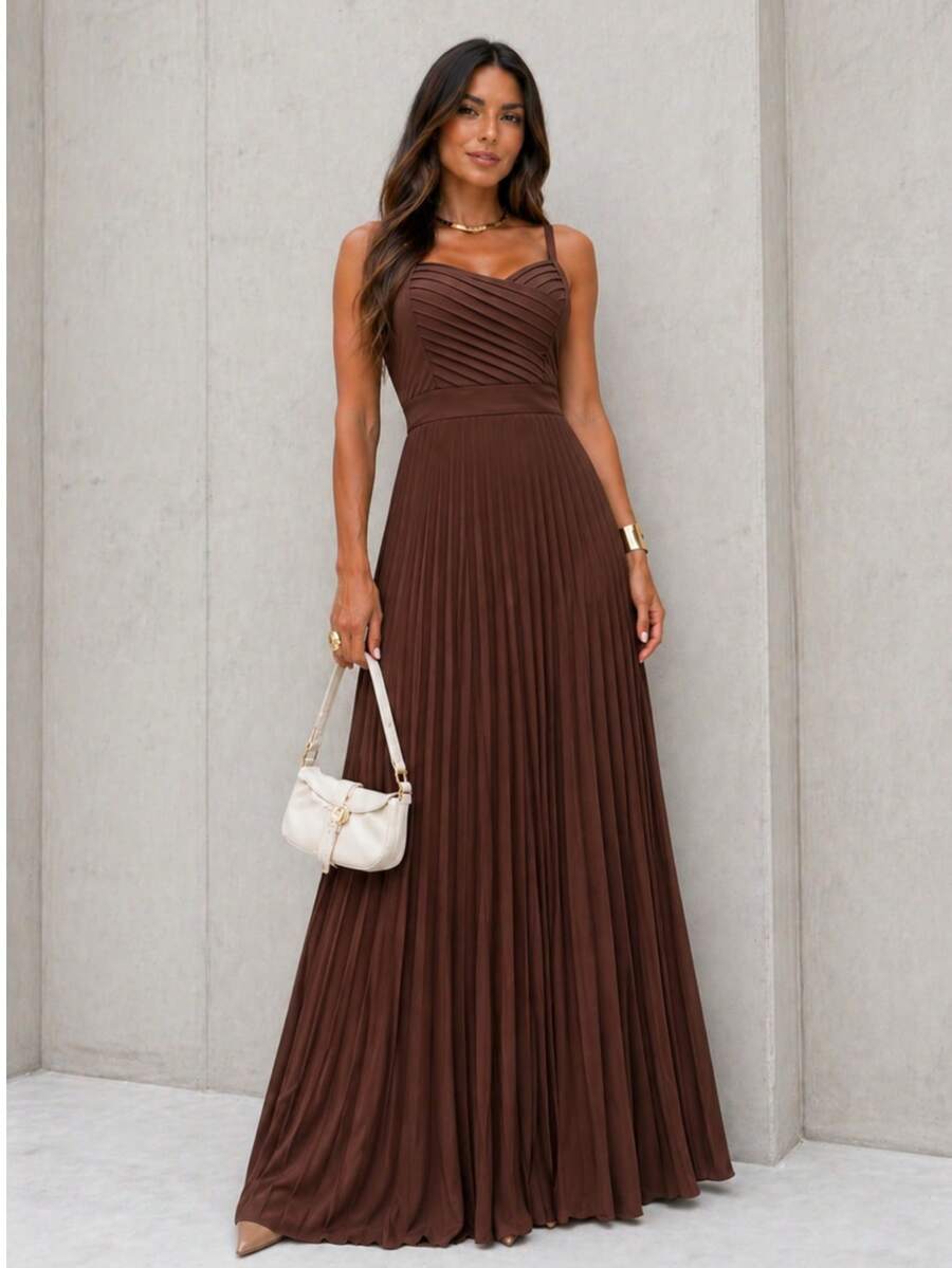 Women's Long Pleated Dress With Crossover Detail At The Bust – Ideal For Special Events Such As Weddings And Graduations - 鏽棕色 - 查看 1