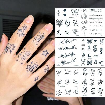 6 miếng dán hình xăm tạm thời bằng nước ép thảo dược tự nhiên, chống thấm nước, bán vĩnh viễn, hình bướm, hoa, trăng, kim cương, nghệ thuật cơ thể sống động như thật, dùng cho ngón tay, cổ và vai.