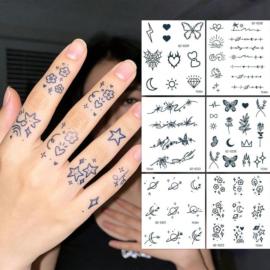 6 PCS Natural Herbal Juice Temporary Tattoo Stickers Waterproof Semi Permanent Butterfly Flower Moon Diamond Realistic Body Art For Finger Neck Shoulder - Black - View 1