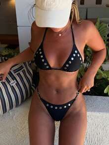Women's Sexy Black Backless Tie-Up Bikini Set, Decorated With Sequins, High-Waist Tie-Up Swim Shorts, Suitable For Casual Beach Wear And Swimwear Vacation - Black - View 2