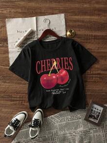 Camiseta de manga corta de verano para mujer, con estampado de cerezas, cuello redondo, casual, 100% algodón. - Negro - Ver 3