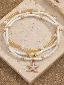 Set de 3 piezas Tobillera con cuentas de perlas de estilo vacaciones en la playa, tobillera con colgante de concha marina y estrella de mar de aleación, adecuada para joyería, uso diario, regalo para la novia - Dorado - Ver 2
