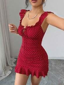 Vestido camisero con volantes en el bajo y hombros descubiertos, estilo vintage con estampado - Vestido entallado de línea A - Rojo - Ver 5