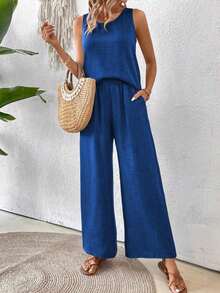 Conjunto de top sin mangas y pantalones de pierna ancha con parte posterior de malla de encaje para mujer, color albaricoque, para primavera/verano - azul real - Ver 4