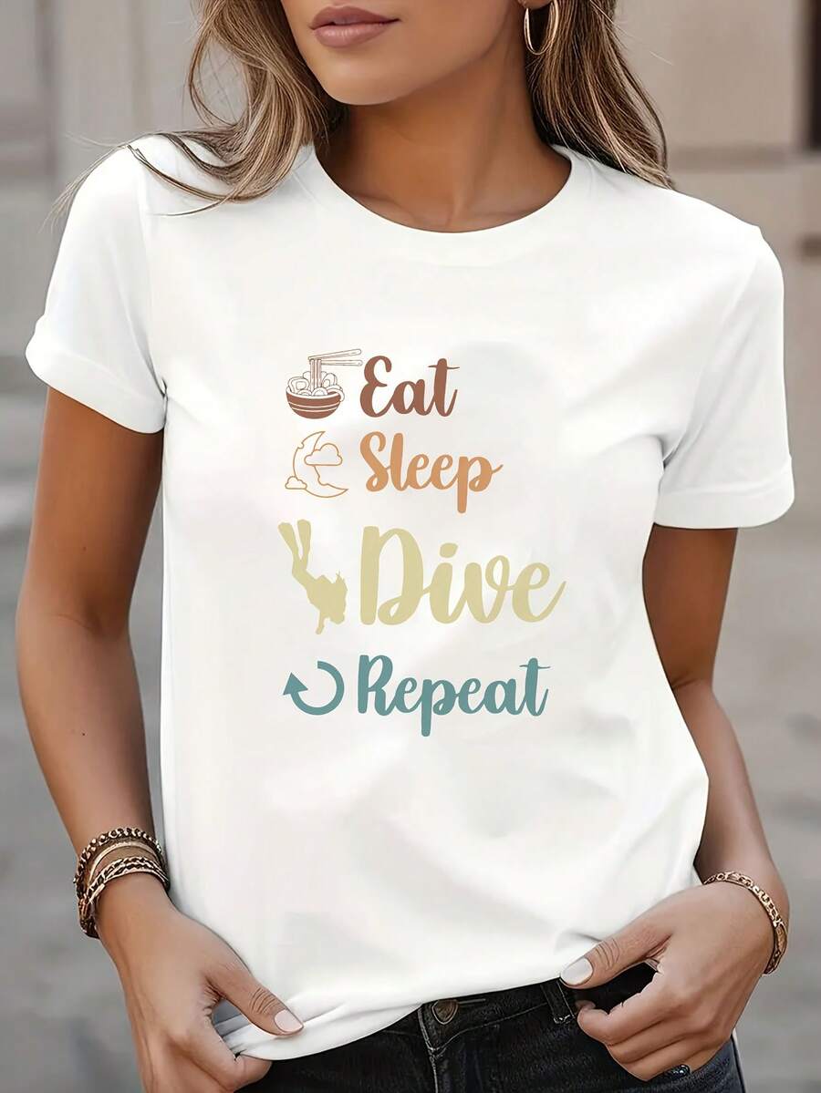 Sve Women's Casual Crew Neck Short Sleeve T-Shirt With Diver Pattern Print | Soft And Breathable, Stylish For Parties, Easter Gift - 白色 - 查看 1