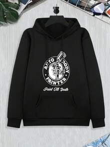 Men's Plus Size Hoodie, Kangaroo Pocket - Airbrush Skull AUTO BODY PAINTER Print Hoodie, Hardcore Workwear Style Top - 黑色 - 查看 1