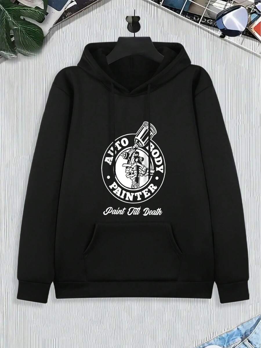 Men's Plus Size Hoodie, Kangaroo Pocket - Airbrush Skull AUTO BODY PAINTER Print Hoodie, Hardcore Workwear Style Top - 黑色 - 查看 1