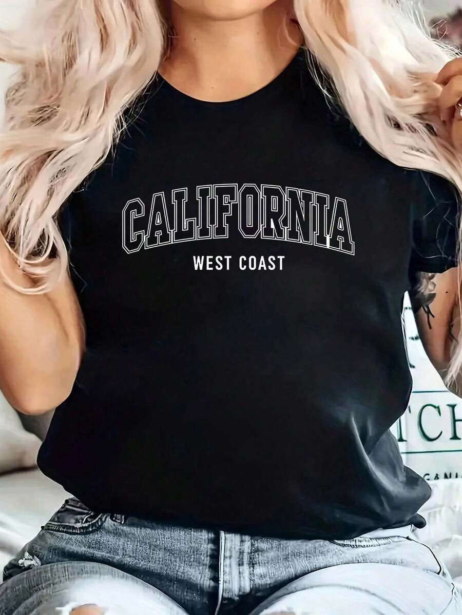 Everyday Style Women's California West Coast Alphabet Appliqué T-Shirt - Slim Fit Short Sleeve Crew Neck Top With Casual Blouse For Spring Summer Outfits, Style Casualwear (Machine Washable) For All-Season Everyday Apparel - 黑色 - 查看 1