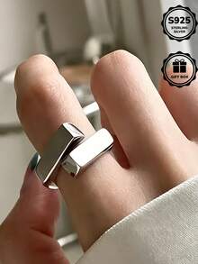 1pc S925 Sterling Silver Minimalist Geometric Cube Metal Ring, Versatile Silver Jewelry, Accessories, Suitable As Gift For Girlfriend, Mom, Valentine's Day, Comes With Gift Box - Silver - View 3