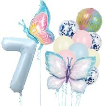 10件組蝴蝶主題生日氣球套組，藍色1-9數字鋁箔氣球，粉色與藍色亮片乳膠氣球，適合蝴蝶主題生日派對與嬰兒洗禮裝飾 - 蝴蝶氣球套裝 - 查看 8