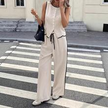 Women's Color Block Trim 2-Piece Outfit, Sleeveless Button Vest And Wide Leg Pants Set - 白色 - 查看 4
