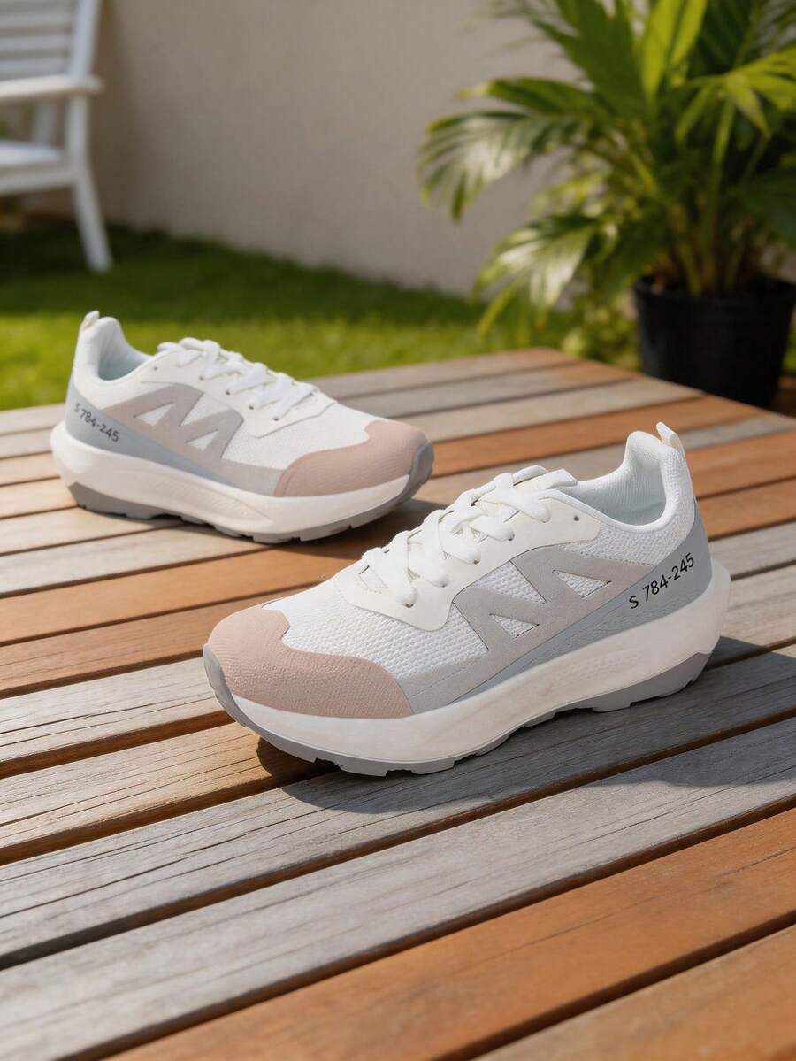 1 Paar Damen Weiß & Grau Farbblock Mesh Sneaker, Schnürung, bequeme & vielseitige Lässig Schuhe - Beige - Übersicht 1