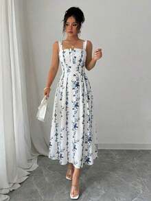 Nuevo Vestido elegante de cintura fruncida con estampado floral para mujeres, estilo de primavera/verano - Azul 2 - Ver 8