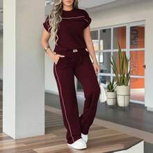 Women's New Solid Color Minimalist Round Neck Short Sleeve Top And High Waist Straight Leg Pants 2-Piece Set, Spring/Summer - 蓮藕粉紅13 - 查看 7