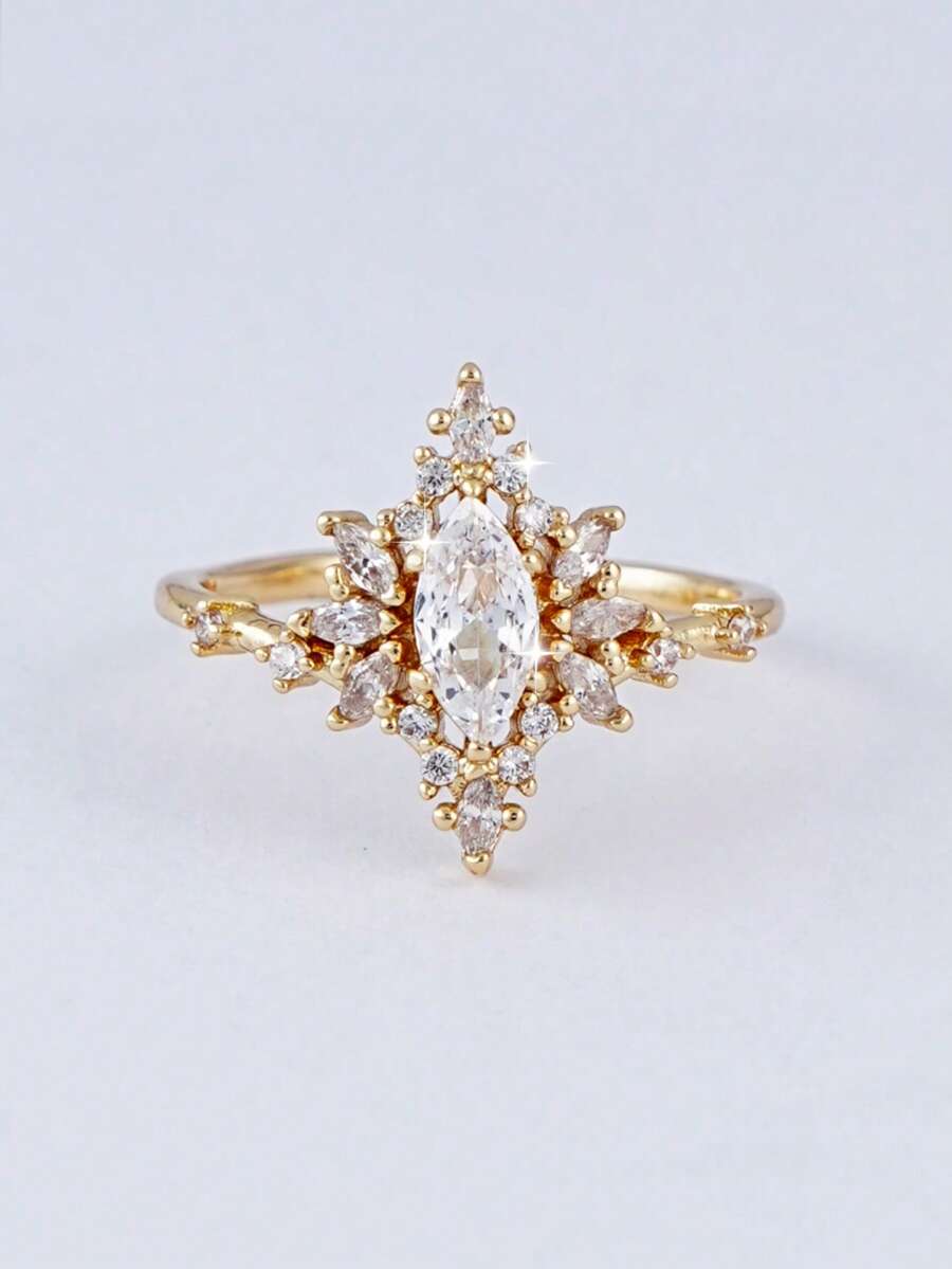1 chiếc nhẫn đính đá Cubic Zirconia tinh xảo, thích hợp cho nữ giới đeo hàng ngày, đính hôn hoặc cưới. - Vàng - Xem 1